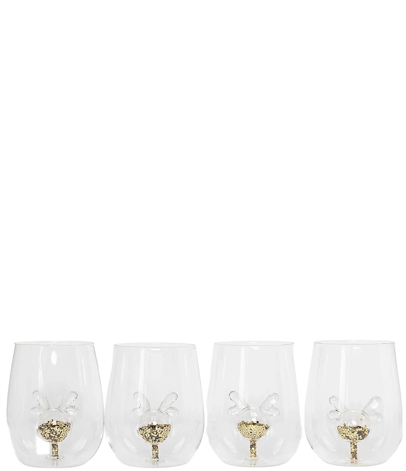 Jeanne Fitz Glitter Reindeer Stemless Wine Glass, Set of 4
