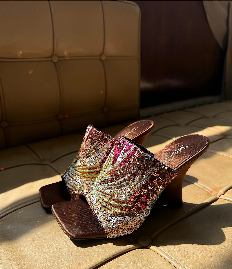 Jeffrey Campbell Aura Sequin Satin Embellished Wedge Slide Sandals