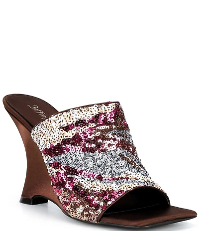 Jeffrey Campbell Aura Sequin Satin Embellished Wedge Slide Sandals