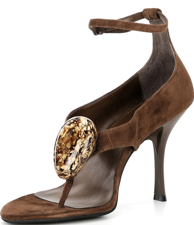 Jeffrey Campbell Bronzite Suede Gemstone Ornament Ankle Strap Thong Dress Sandals