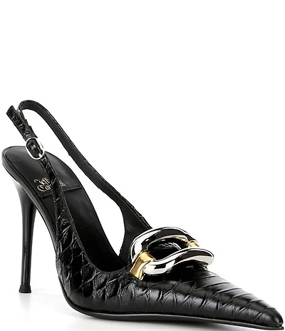 Jeffrey Campbell Enterprise Snake Embossed Leather Buckle Ornament Slingback Pumps