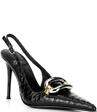 Jeffrey Campbell Enterprise Snake Embossed Leather Buckle Ornament Slingback Pumps