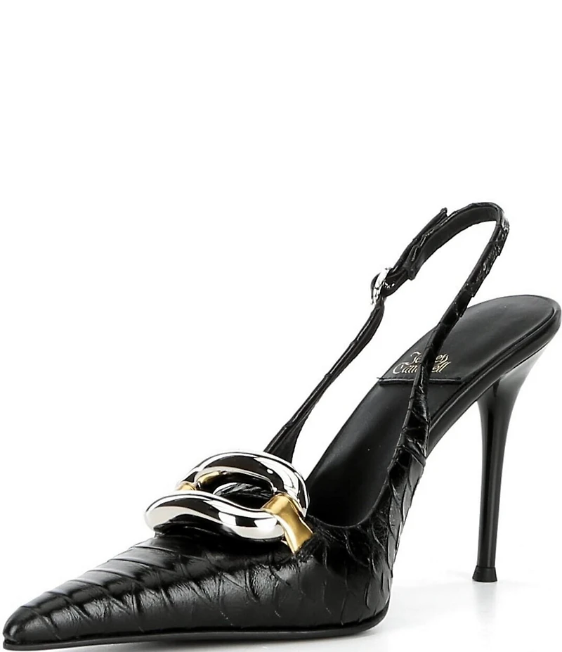 Jeffrey Campbell Enterprise Snake Embossed Leather Buckle Ornament Slingback Pumps