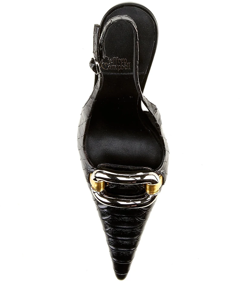 Jeffrey Campbell Enterprise Snake Embossed Leather Buckle Ornament Slingback Pumps