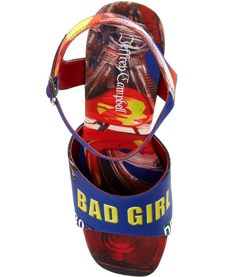 Jeffrey Campbell Flag-Girl Bad Girl Print Wooden Cutout Platform Wedge Sandals