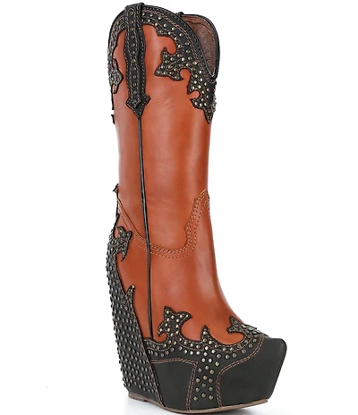 Jeffrey Campbell Giddy-Stud Leather Western-Inspired Platform Wedge Tall Boots