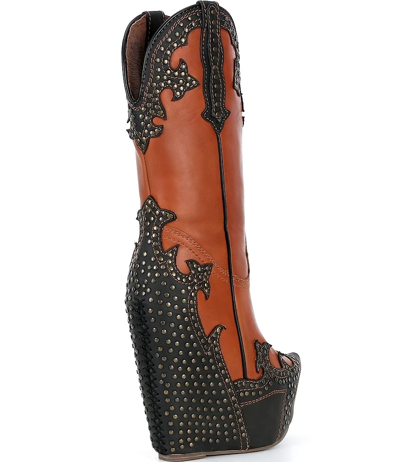 Jeffrey Campbell Giddy-Stud Leather Western-Inspired Platform Wedge Tall Boots
