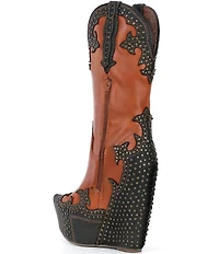 Jeffrey Campbell Giddy-Stud Leather Western-Inspired Platform Wedge Tall Boots