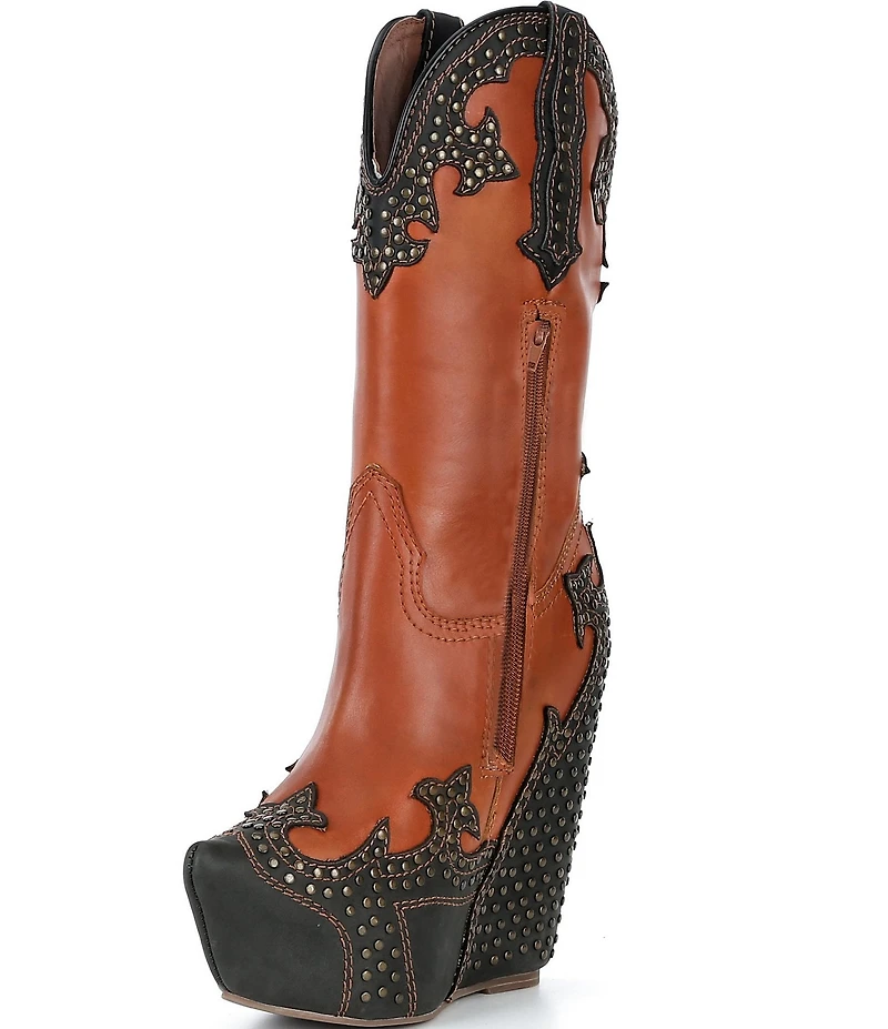 Jeffrey Campbell Giddy-Stud Leather Western-Inspired Platform Wedge Tall Boots