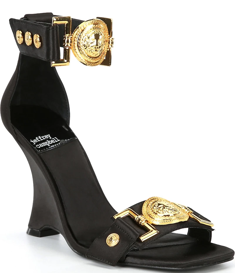 Jeffrey Campbell Leonite Satin Lion Hardware Sculpted Wedge Sandals