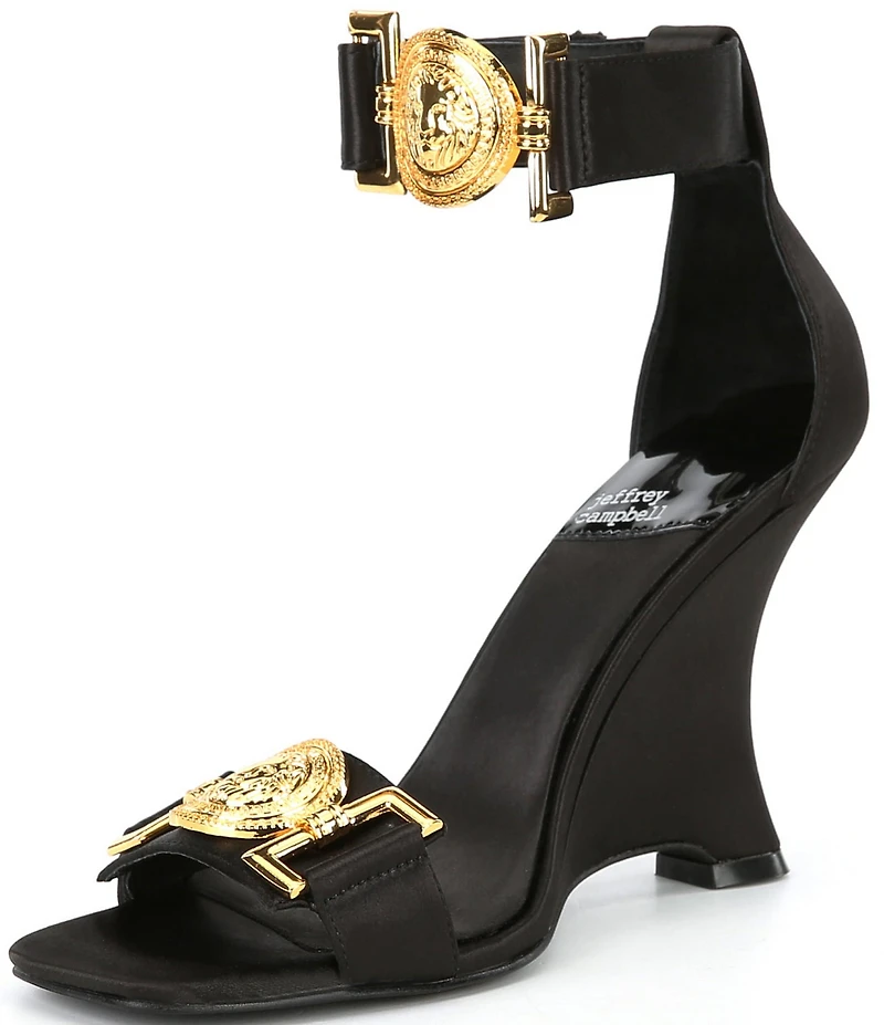 Jeffrey Campbell Leonite Satin Lion Hardware Sculpted Wedge Sandals