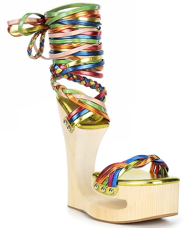 Jeffrey Campbell Mazes Metallic Rainbow Strappy Wraparound Tie Open Platform Wedge Sandals