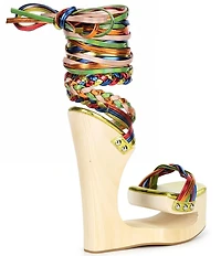 Jeffrey Campbell Mazes Metallic Rainbow Strappy Wraparound Tie Open Platform Wedge Sandals