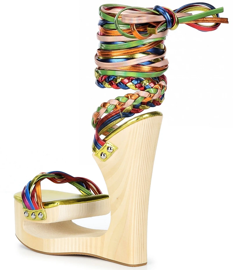 Jeffrey Campbell Mazes Metallic Rainbow Strappy Wraparound Tie Open Platform Wedge Sandals