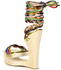 Jeffrey Campbell Mazes Metallic Rainbow Strappy Wraparound Tie Open Platform Wedge Sandals