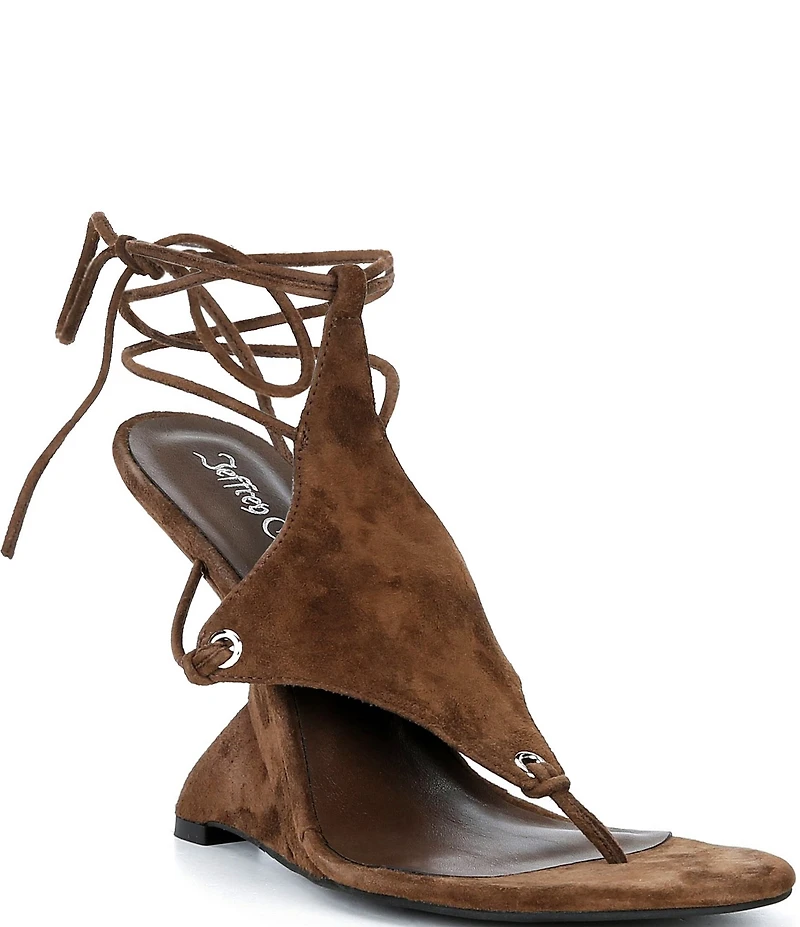 Jeffrey Campbell Pachouli Suede Ankle Wrap Thong Sculpted Wedge Dress Sandals