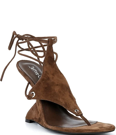 Jeffrey Campbell Pachouli Suede Ankle Wrap Thong Sculpted Wedge Dress Sandals