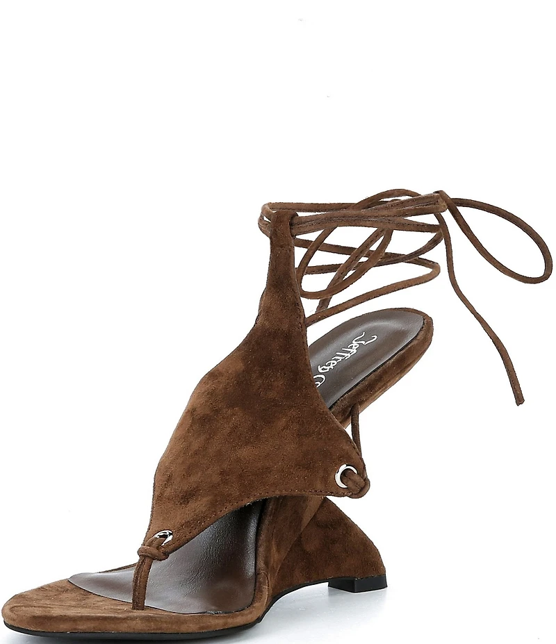 Jeffrey Campbell Pachouli Suede Ankle Wrap Thong Sculpted Wedge Dress Sandals