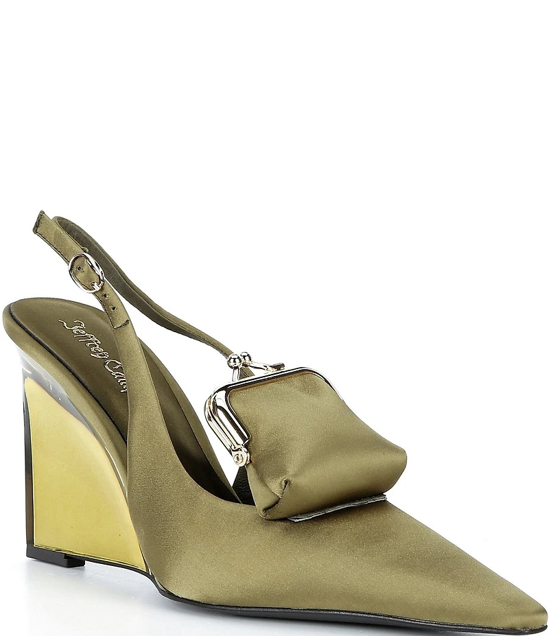Jeffrey Campbell Pay-Me Satin Coin Purse Ornament Slingback Wedge Pumps