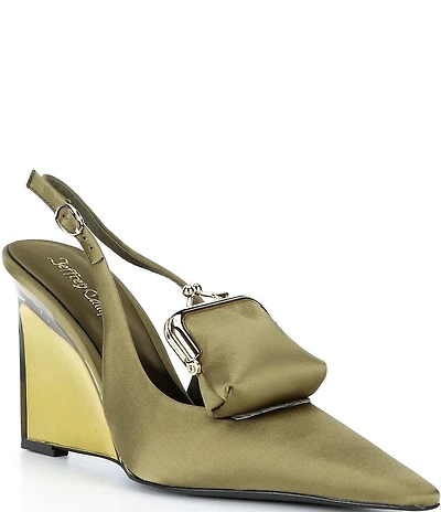 Jeffrey Campbell Pay-Me Satin Coin Purse Ornament Slingback Wedge Pumps
