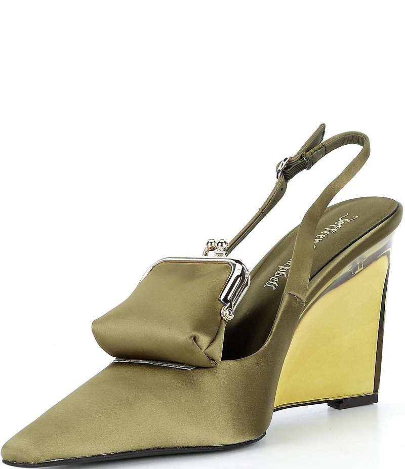 Jeffrey Campbell Pay-Me Satin Coin Purse Ornament Slingback Wedge Pumps
