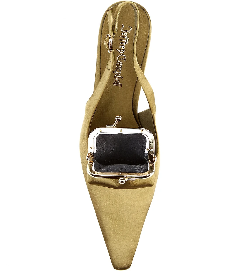 Jeffrey Campbell Pay-Me Satin Coin Purse Ornament Slingback Wedge Pumps