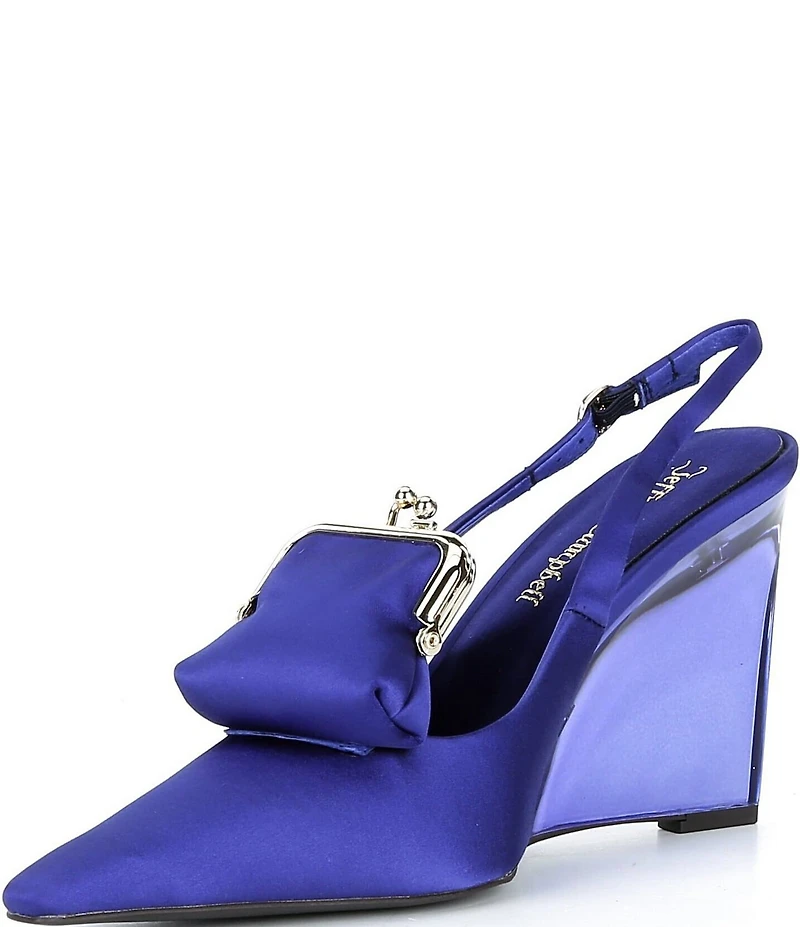 Jeffrey Campbell Pay-Me Satin Coin Purse Ornament Slingback Wedge Pumps