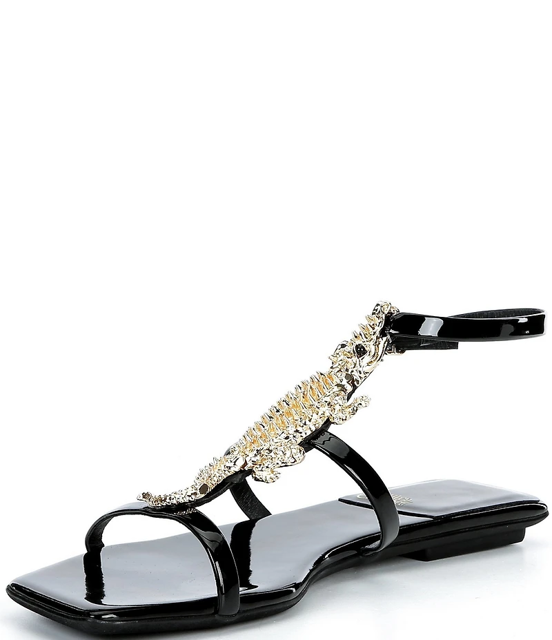 Jeffrey Campbell Reptilian Patent Gold T-Strap Sandals