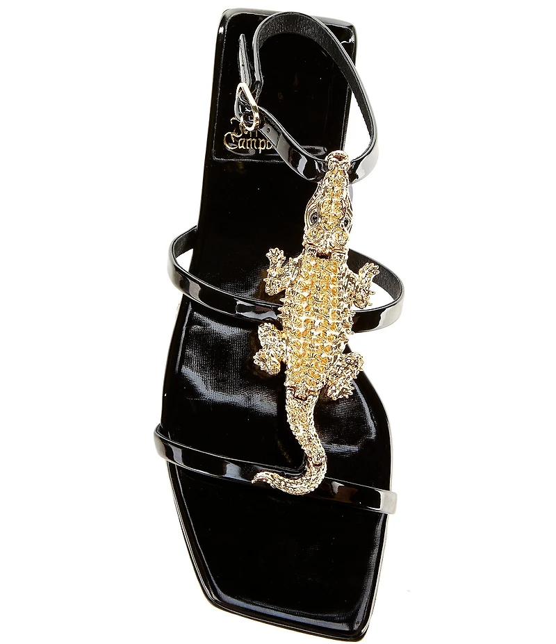 Jeffrey Campbell Reptilian Patent Gold T-Strap Sandals