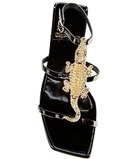 Jeffrey Campbell Reptilian Patent Gold T-Strap Sandals