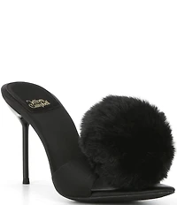 Jeffrey Campbell Shopaholic Satin Faux Fur Pom-Pom Ornament Dress Slide Sandals