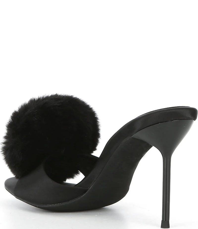 Jeffrey Campbell Shopaholic Satin Faux Fur Pom-Pom Ornament Dress Slide Sandals
