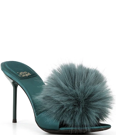 Jeffrey Campbell Shopaholic Satin Faux Fur Pom-Pom Ornament Dress Slide Sandals