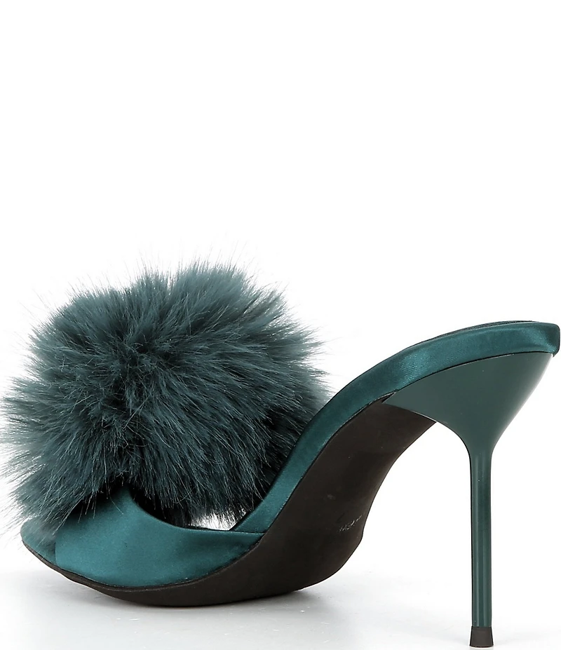 Jeffrey Campbell Shopaholic Satin Faux Fur Pom-Pom Ornament Dress Slide Sandals