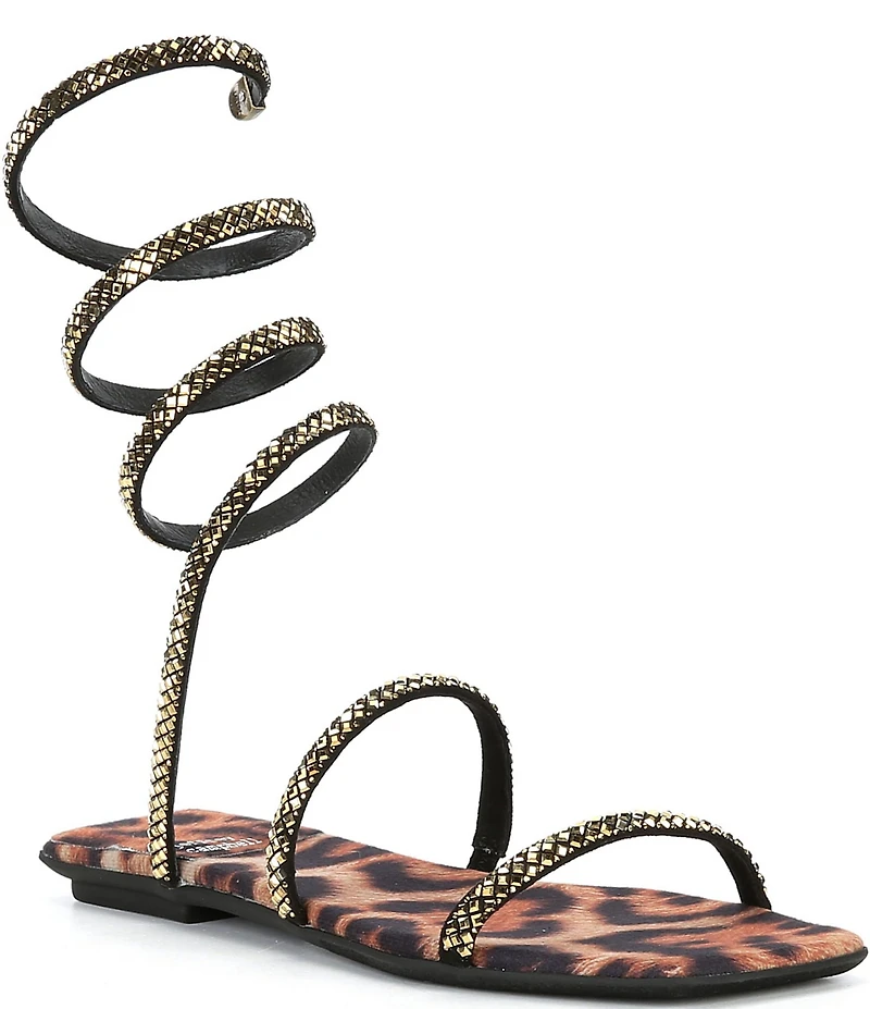 Jeffrey Campbell Slinked Rhinestone Cheetah Print Ankle Wrap Flat Sandals