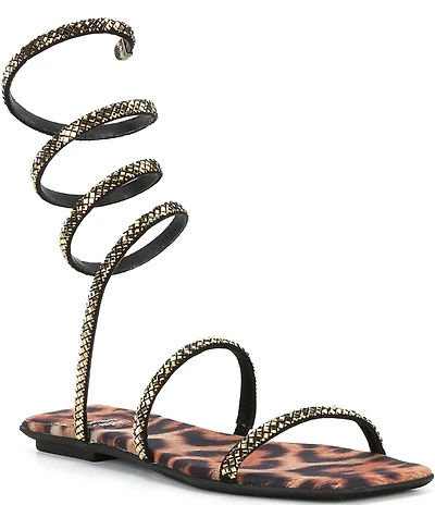 Jeffrey Campbell Slinked Rhinestone Cheetah Print Ankle Wrap Flat Sandals