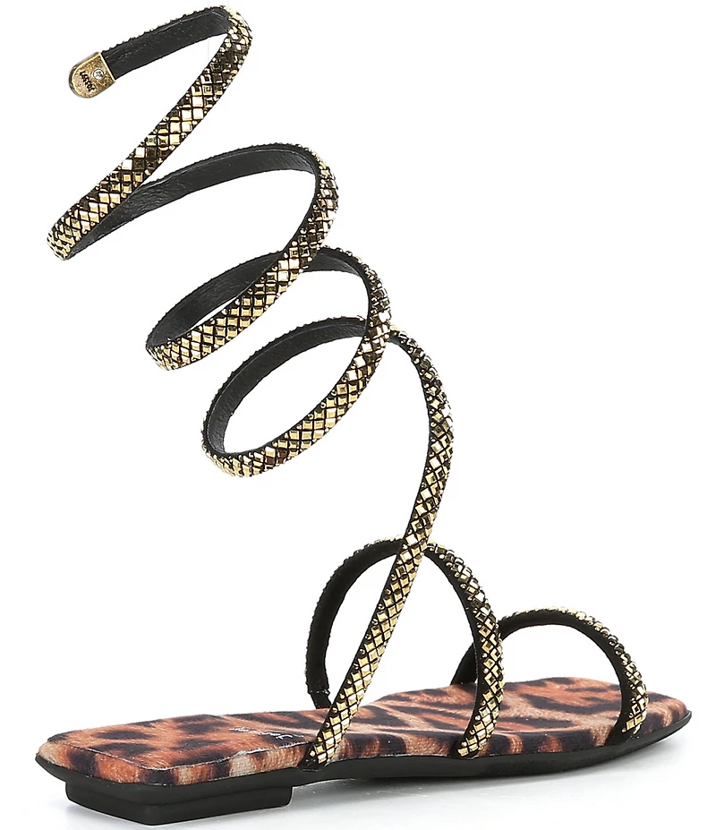 Jeffrey Campbell Slinked Rhinestone Cheetah Print Ankle Wrap Flat Sandals