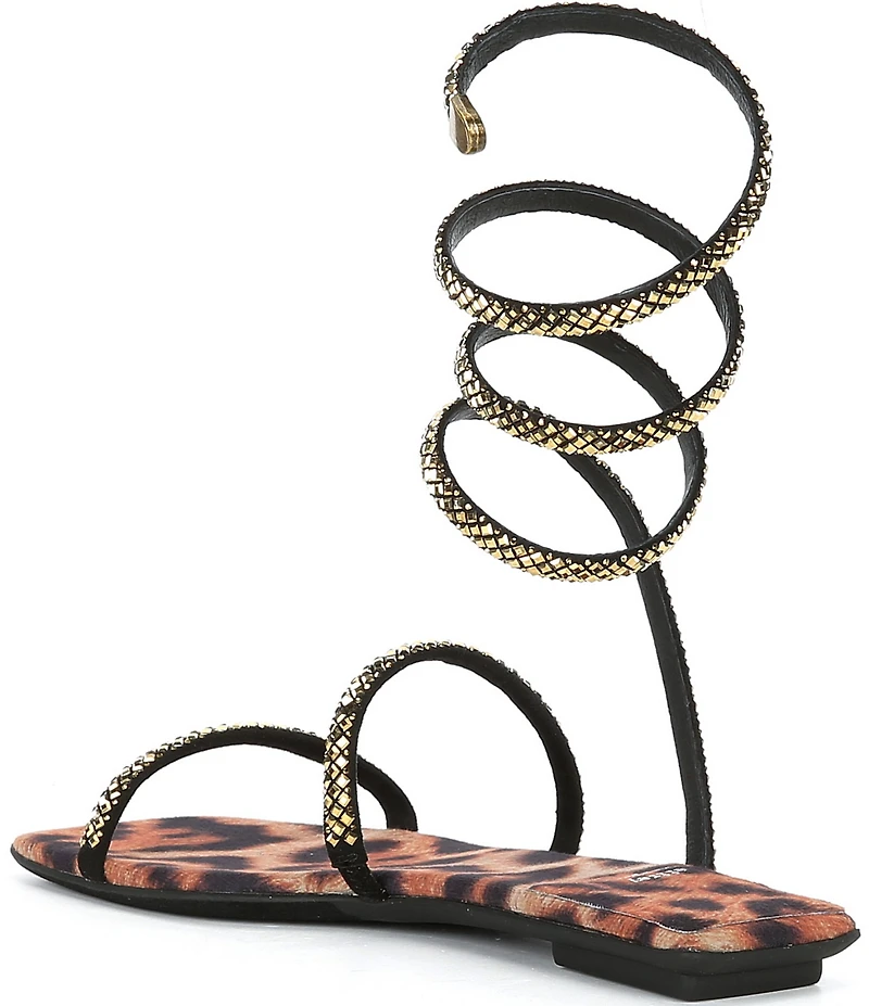 Jeffrey Campbell Slinked Rhinestone Cheetah Print Ankle Wrap Flat Sandals