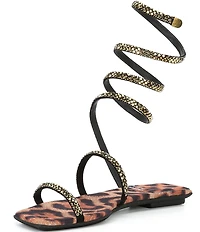 Jeffrey Campbell Slinked Rhinestone Cheetah Print Ankle Wrap Flat Sandals