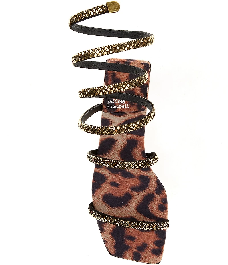 Jeffrey Campbell Slinked Rhinestone Cheetah Print Ankle Wrap Flat Sandals