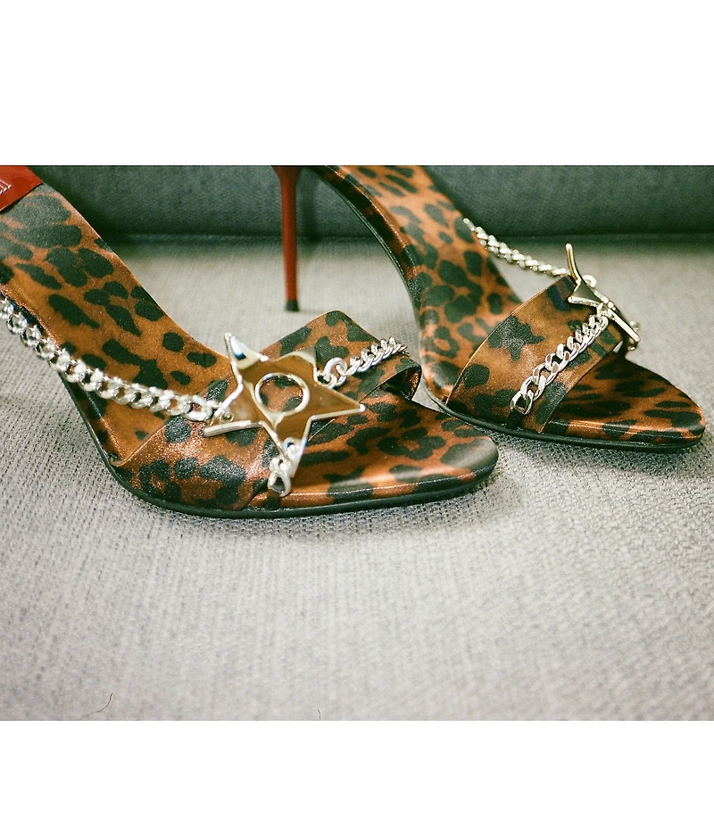 Jeffrey Campbell Soire-O Satin Cheetah Print Star Chain Hardware Dress Sandals