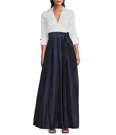 Jessica Howard 3/4 Cuff Sleeve Collared V-Neck Tie Sash Gown