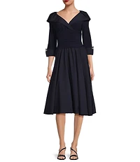 Jessica Howard Jersey Taffeta 3/4 Sleeve Portrait Collar Ruched A-Line Midi Dress
