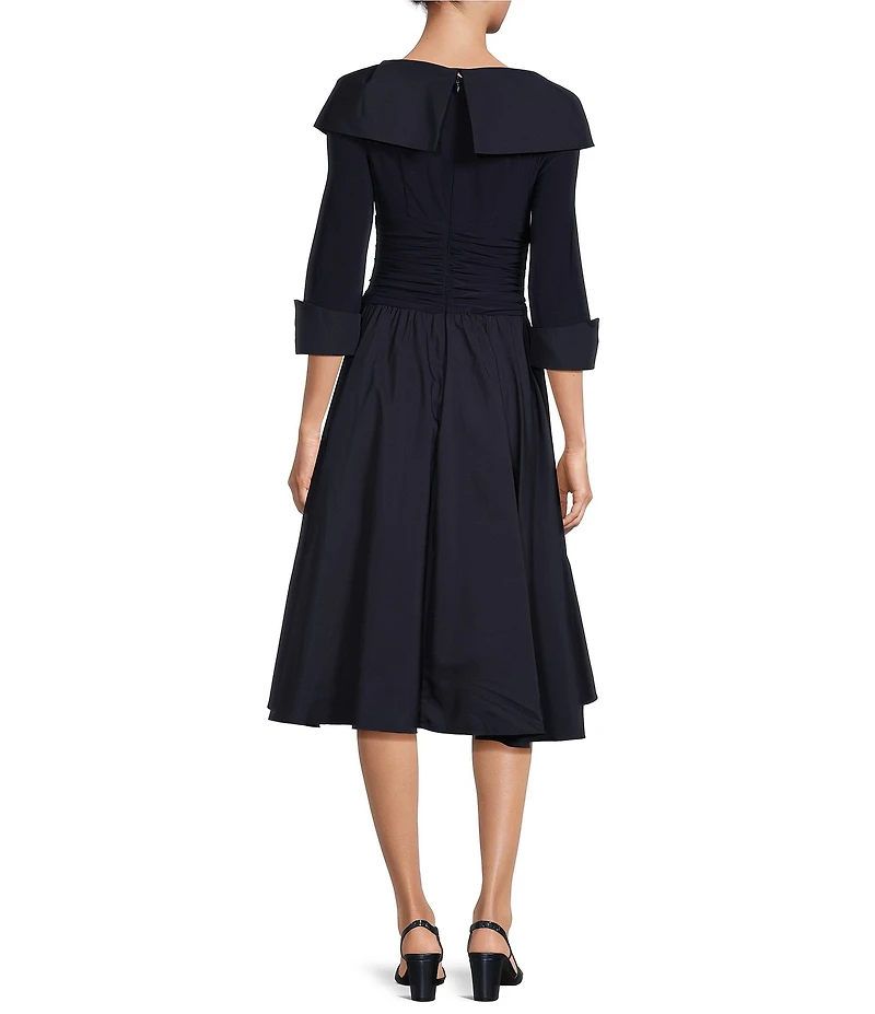 Jessica Howard Jersey Taffeta 3/4 Sleeve Portrait Collar Ruched A-Line Midi Dress