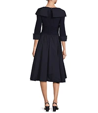 Jessica Howard Jersey Taffeta 3/4 Sleeve Portrait Collar Ruched A-Line Midi Dress
