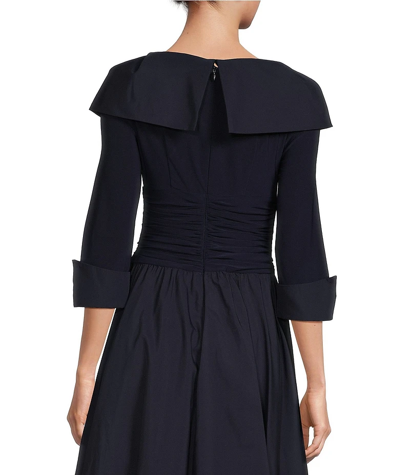 Jessica Howard Jersey Taffeta 3/4 Sleeve Portrait Collar Ruched A-Line Midi Dress