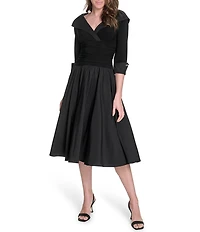 Jessica Howard Jersey Taffeta 3/4 Sleeve Portrait Collar Ruched A-Line Midi Dress