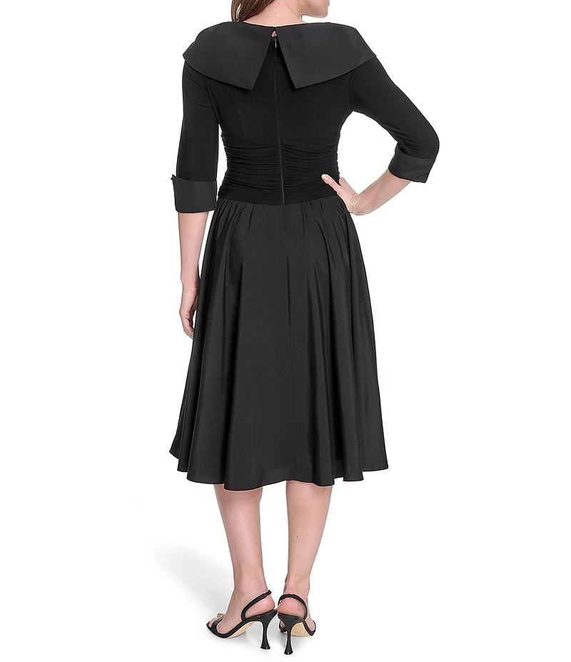 Jessica Howard Jersey Taffeta 3/4 Sleeve Portrait Collar Ruched A-Line Midi Dress