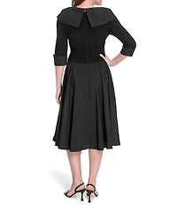 Jessica Howard Jersey Taffeta 3/4 Sleeve Portrait Collar Ruched A-Line Midi Dress