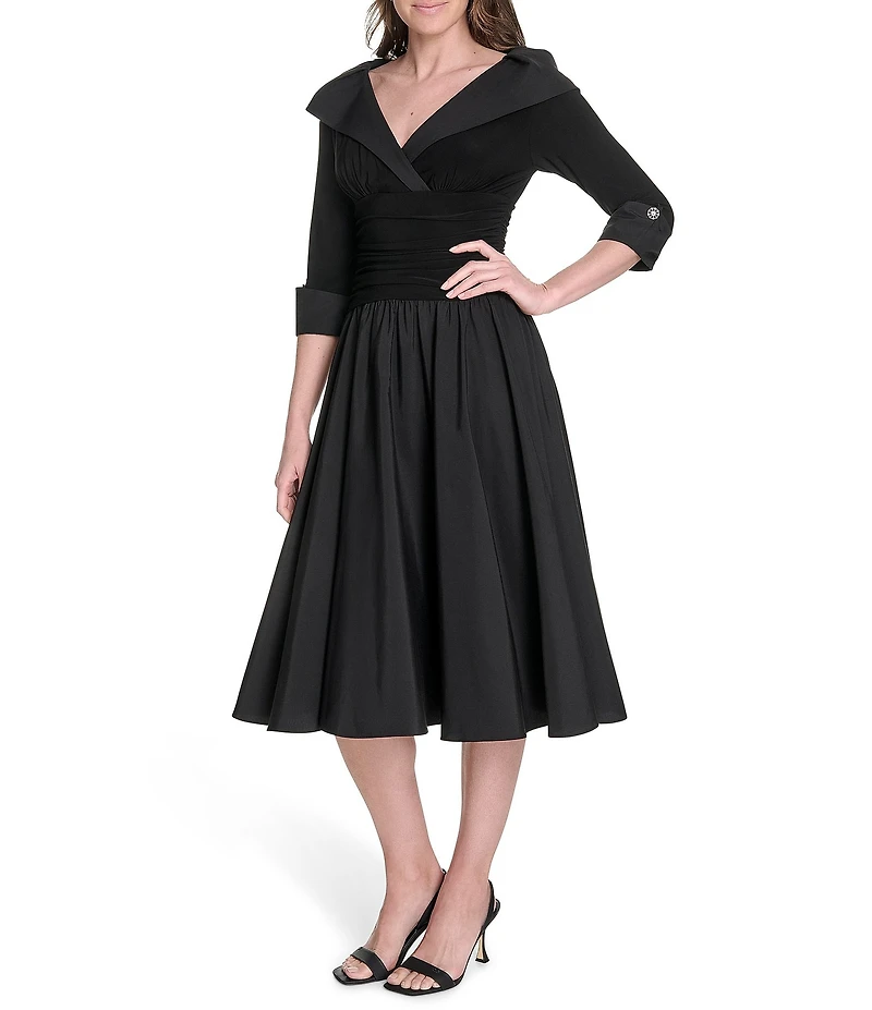 Jessica Howard Jersey Taffeta 3/4 Sleeve Portrait Collar Ruched A-Line Midi Dress